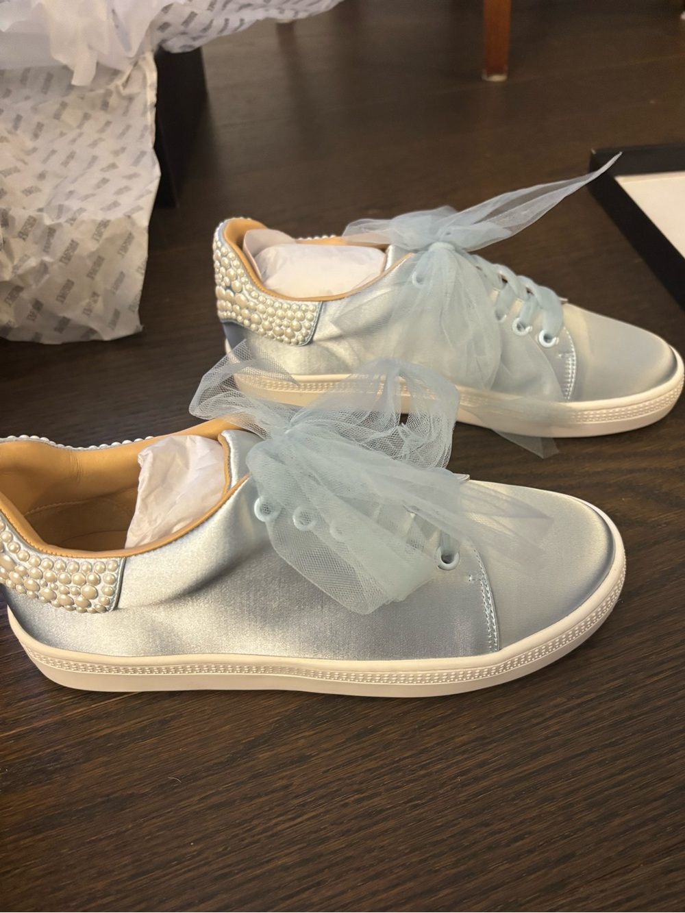 Badgley Mischka Light Blue Pearl Gem Dressy Satin Sneakers Wedding size 7
